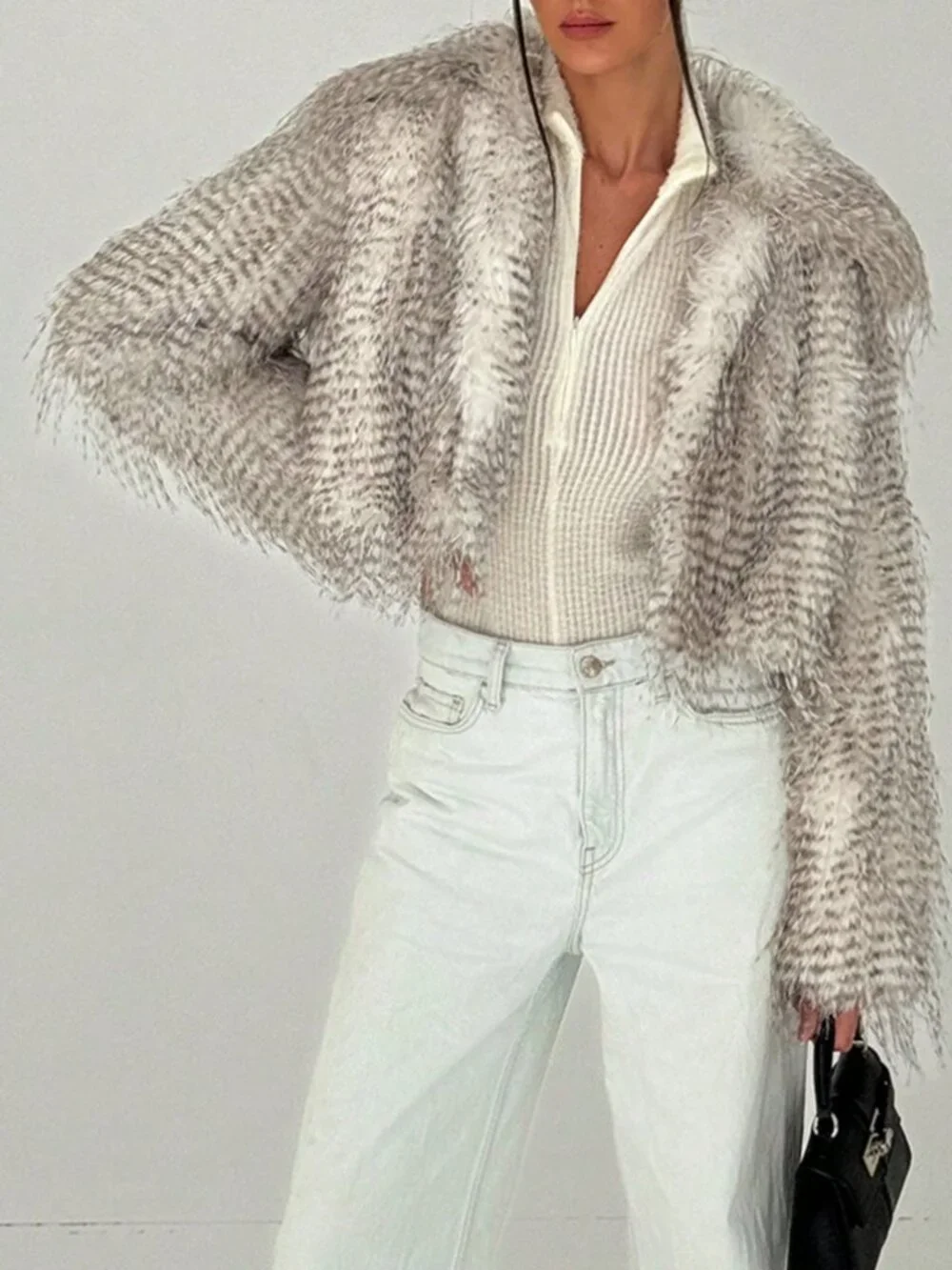 Khaki Casual Women's Fluffy Fur Collar Long Sleeve Warm Fluffy Jacket